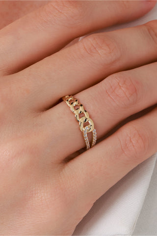 8 Ayar Zincir Desenli Taşlı Minimal Altın Kadın Yüzük